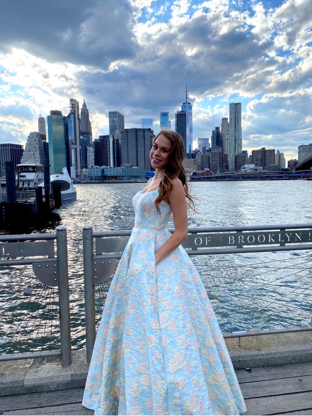 Mac Duggal Light Blue and Gold Floral Jacquard Ball Gown - Picture 5 of 5